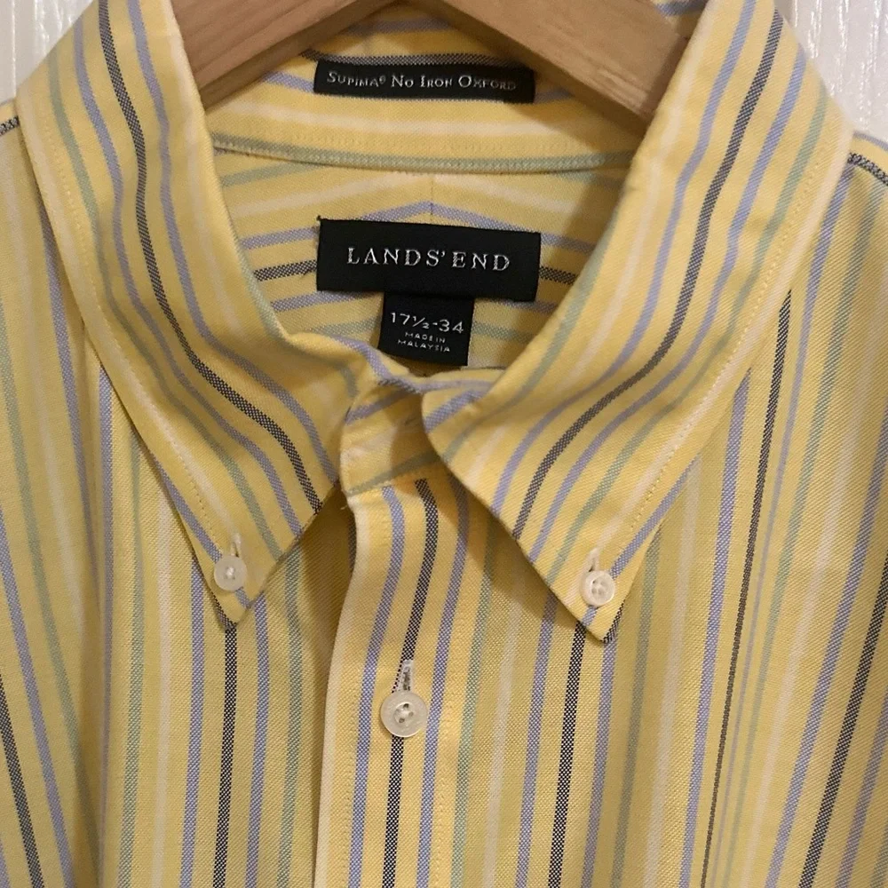 NWOT Men’s LAND END Supima‎ Non Iron Oxford Yellow Striped Dress Shirt. 17.5-34.